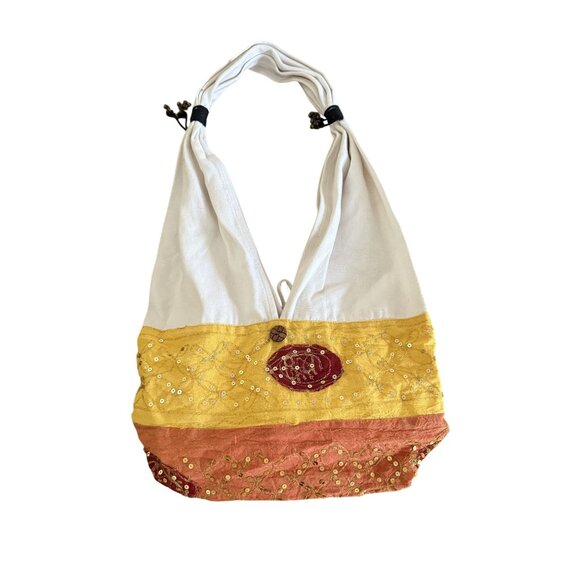 Handcrafted Boho Shoulder Bag With Sequin & Embroidery Accents Button Closure - Picture 1 of 9